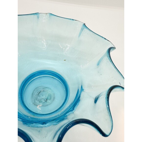 Handblown Glass Bowl Ruffle Edge Blue Candy Dish Aqua Vase Planter Handmade - Picture 5 of 9
